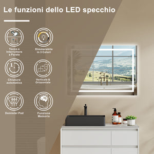 AICA Specchio Da Bagno Rettangolare Da 70x50cm con LED, Antiappannamento, 3 Temperature Colore