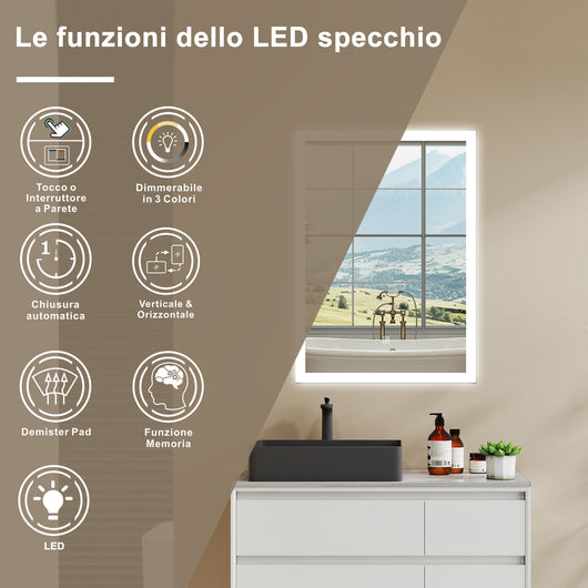 Aica LED Specchio da bagno 50¡Á70 cm, luminosit¨¤ regolabile a 3 colori, antiappannamento, memoria di interruzione di corrente