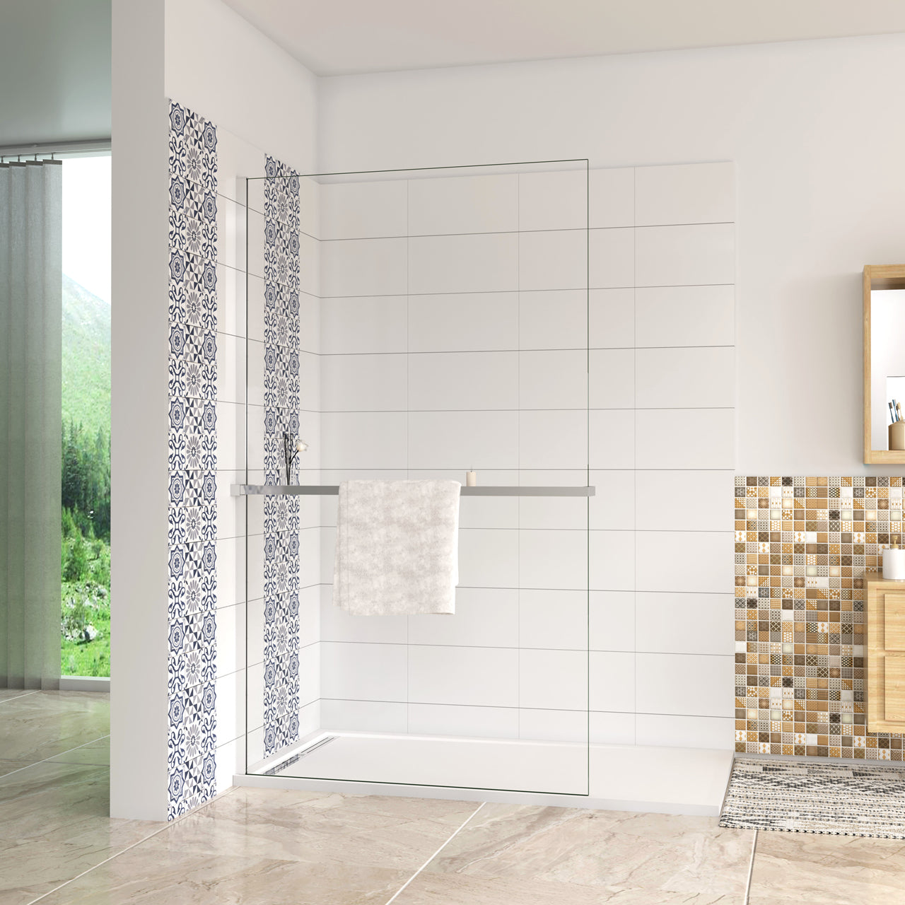 Mensola Doccia per Parete Doccia Walk in 120 cm Alluminio Cromo Lucido Porta-asciugamani Adattabile Vetro da 8 mm