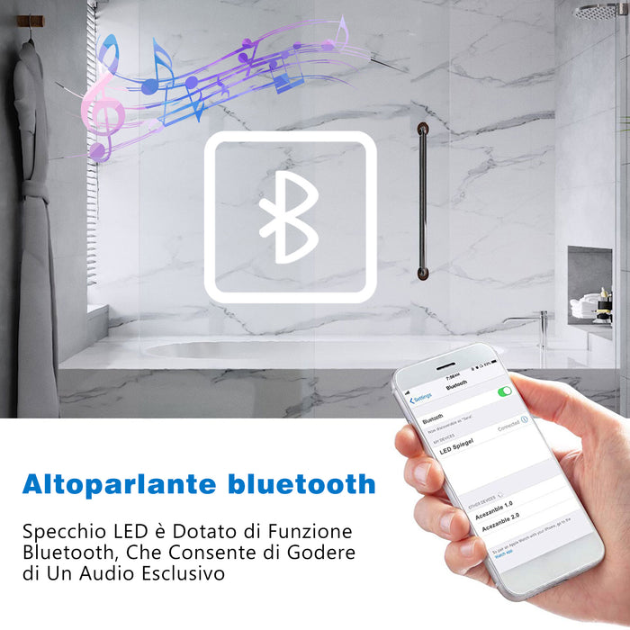 Aica 80x60cm Specchio da bagno Bluetooth antiappannamento + 3 colori dimmerabili + lente d'ingrandimento 3X
