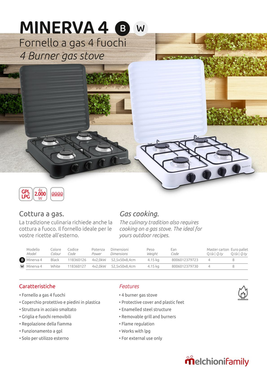 Melchioni Family Fornello a Gas Modello MINERVA NEW Quattro Fuochi Colore Nero per Utilizzo Esterno con Griglia e Fuochi Rimovibili e Coperchio