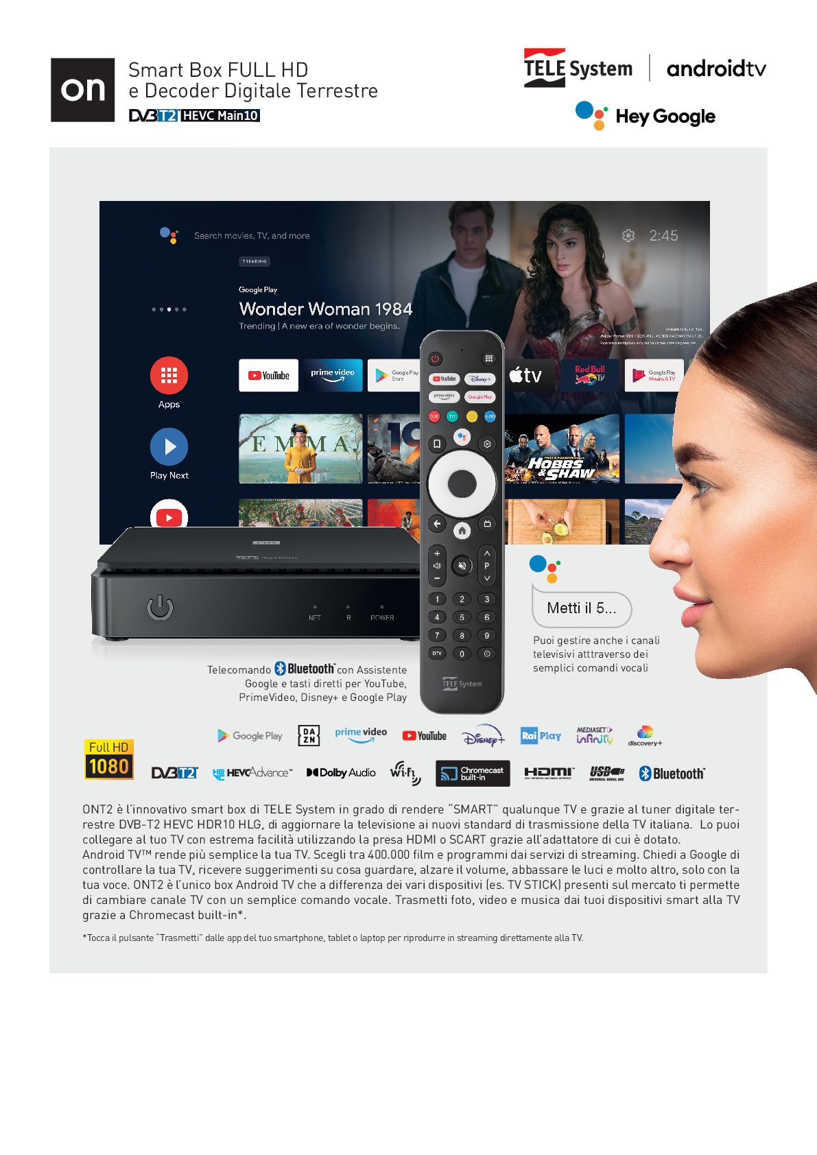 Telesystem Decoder Digitale Terrestre dvb-t2 Smart tv ON T2 HD 1080p Android 12 HEVC main 10 FHD 2 IN 1 Assistente Vocale Incorporato Tvbox android TV