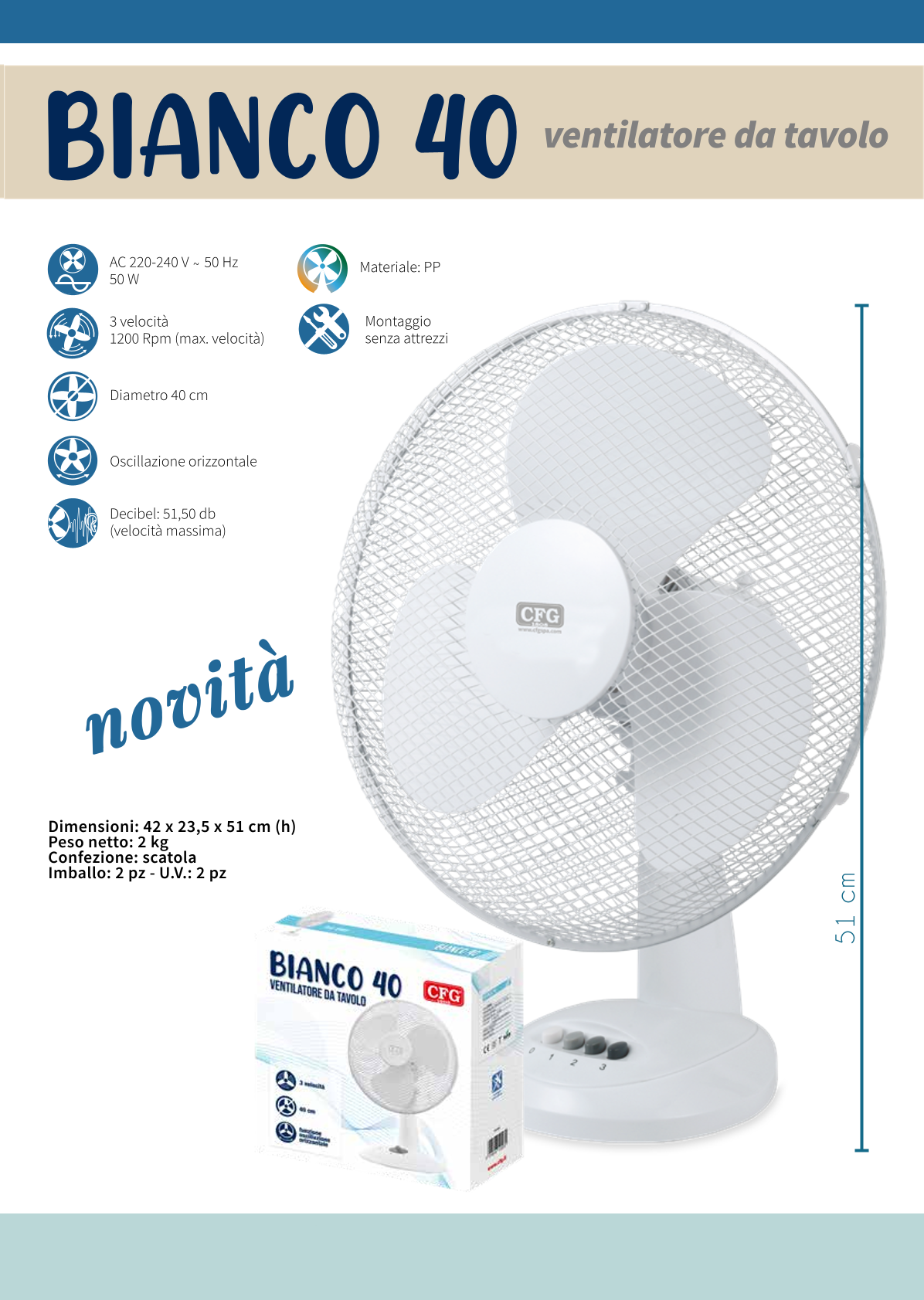 CFG Ventilatore da Tavolo Ø40cm EV110 Bianco 40 Tavolo Silenzioso (51,5 dB), 3 Velocità 1200 RPM Oscillazione Montaggio Senza Attrezzi Leggero Design Compatto