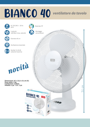 CFG Ventilatore da Tavolo Ø40cm EV110 Bianco 40 Tavolo Silenzioso (51,5 dB), 3 Velocità 1200 RPM Oscillazione Montaggio Senza Attrezzi Leggero Design Compatto