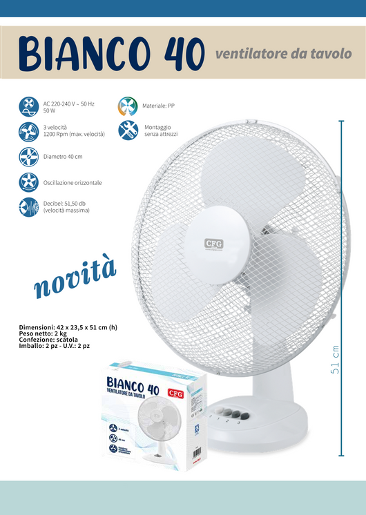 CFG Ventilatore da Tavolo Ø40cm EV110 Bianco 40 Tavolo Silenzioso (51,5 dB), 3 Velocità 1200 RPM Oscillazione Montaggio Senza Attrezzi Leggero Design Compatto