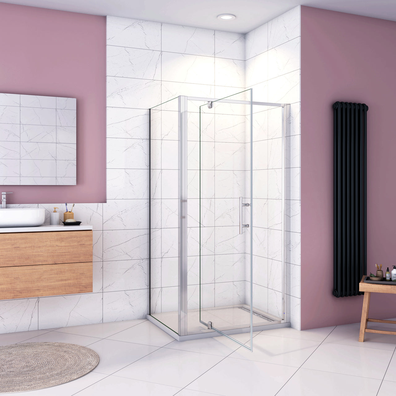 185cm Box Doccia Angolare Porta Girevole Battente con Parete Fissa 76x70cm in Vetro Temperato Trasparente 5 mm Profilo Cromo Lucido