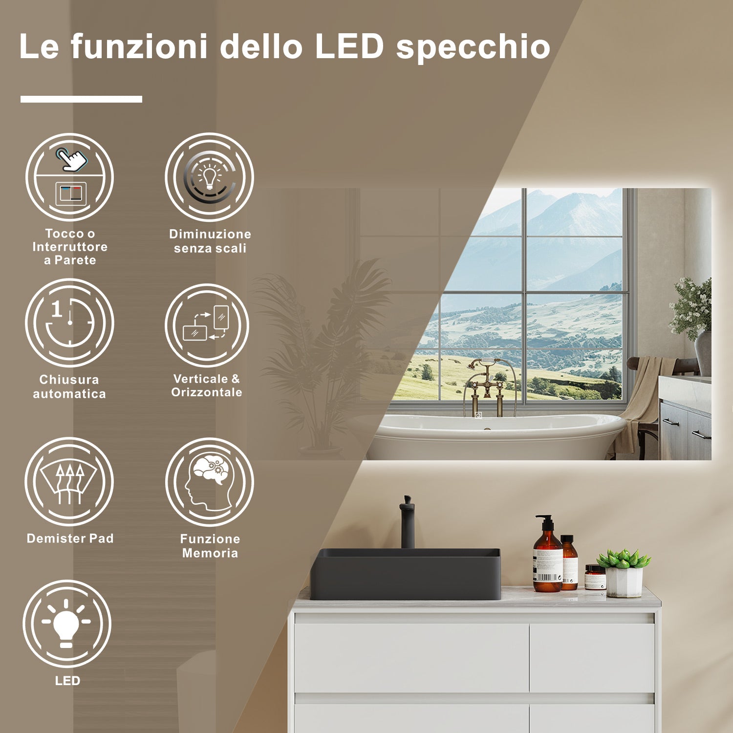 AICA SPECCHIO DA BAGNO CON LED, 100x60cm, Disappannamento, Funzione Memoria, Infinitamente Dimmerabile