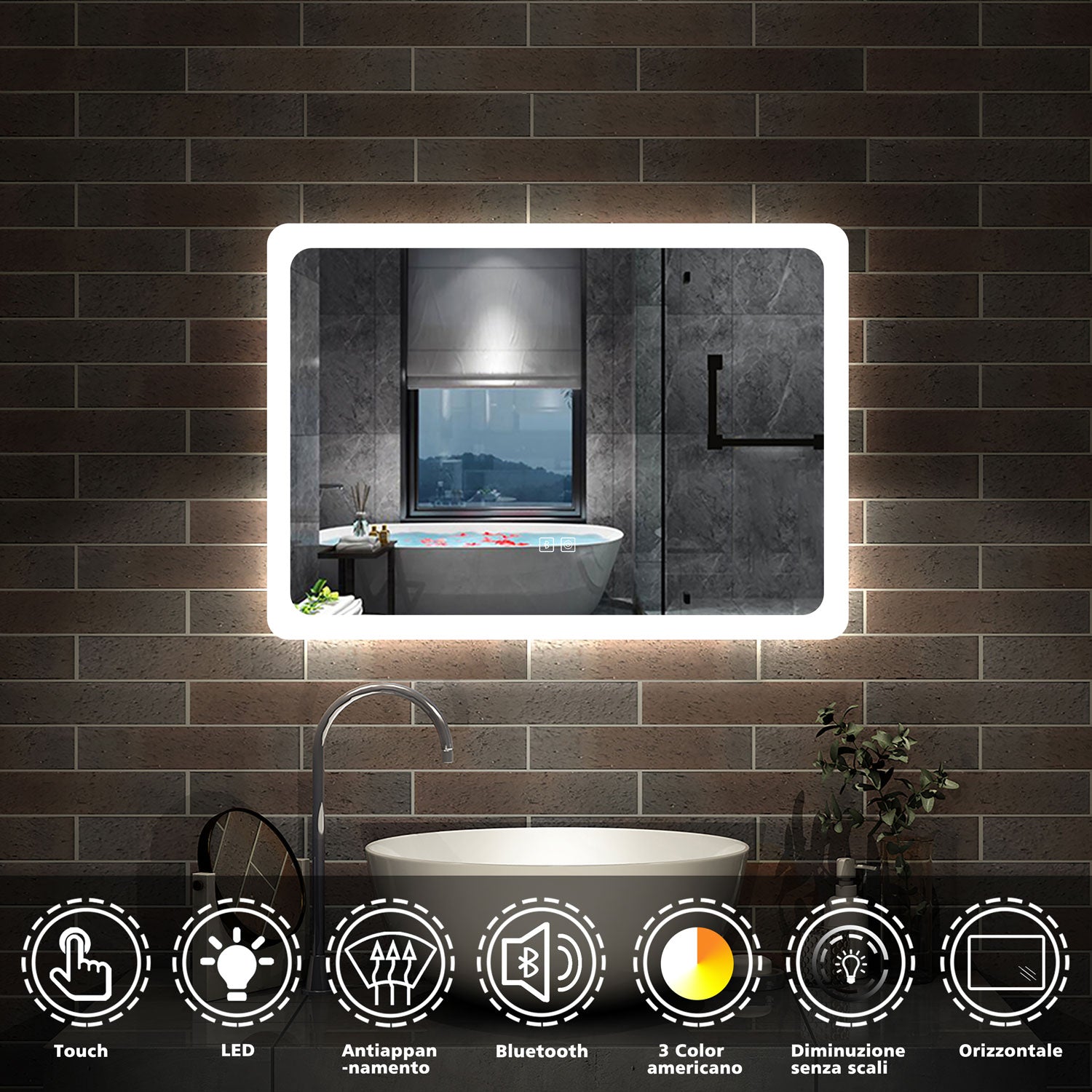 Aica Specchio da bagno a LED+70x50cm+Bluetooth+3 Temperature di Colore