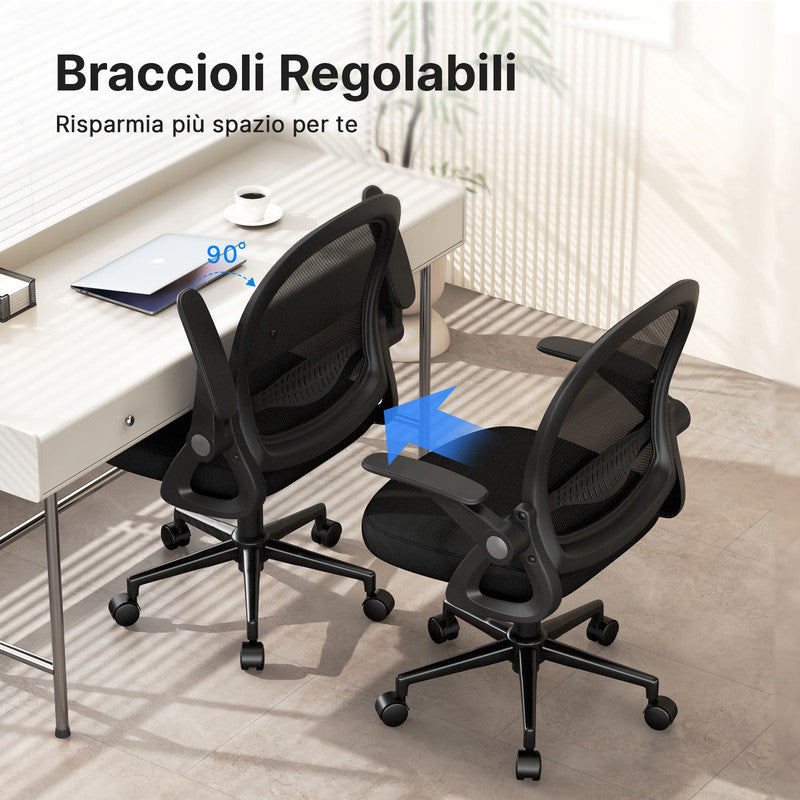 Sedia Ufficio con Supporto Lombare - RATTANTREE - Sedia Ufficio da Scrivania ergonomica Braccioli 90° Regolabile - Nero
