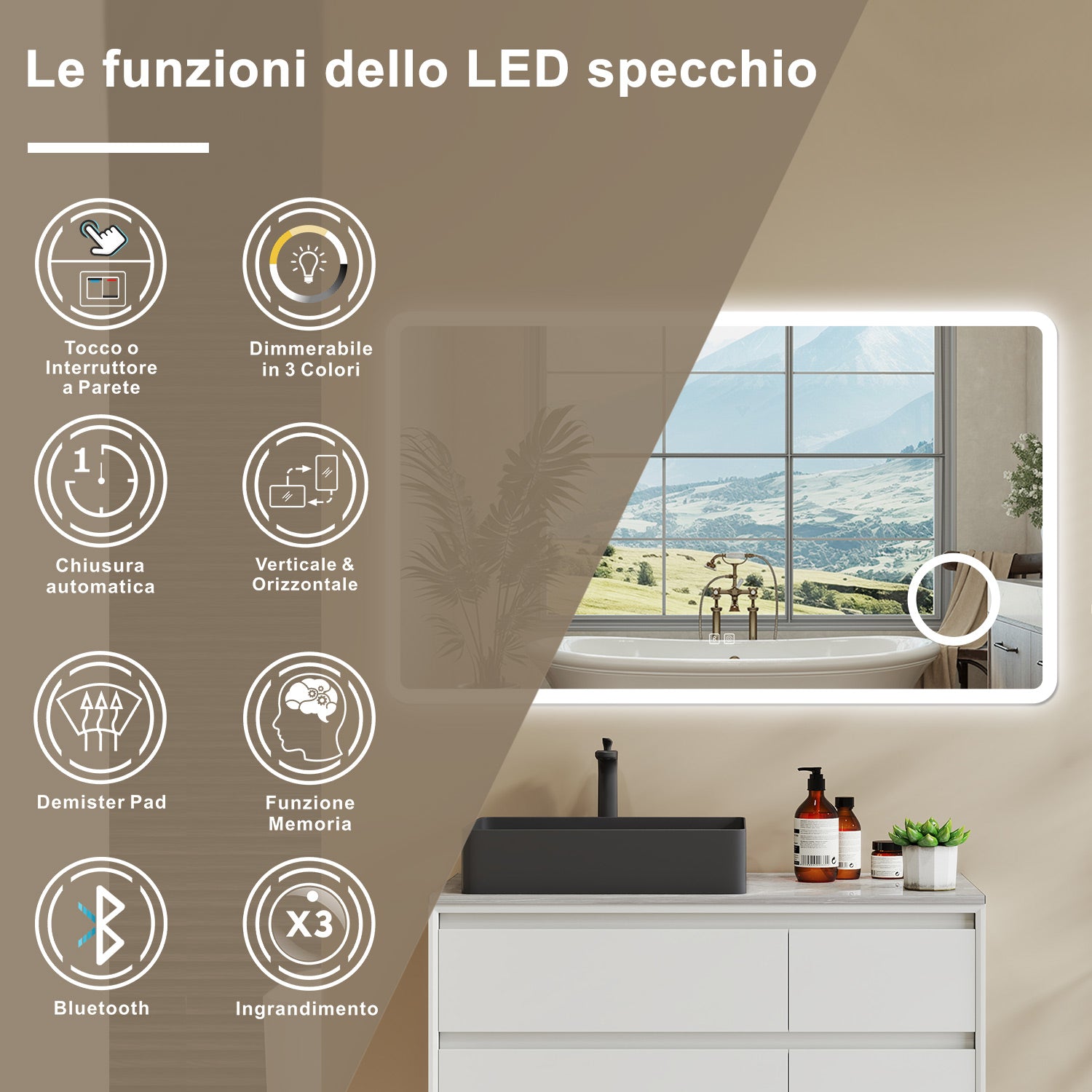 Aica 120x70cm Specchio da bagno Bluetooth antiappannamento, 3 colori dimmerabili, lente d'ingrandimento 3X