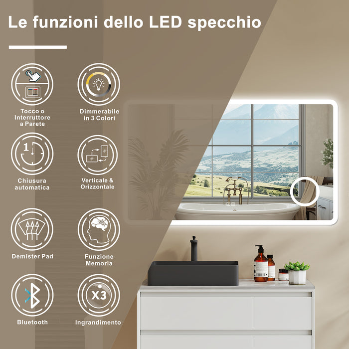 Aica 120x70cm Specchio da bagno Bluetooth antiappannamento, 3 colori dimmerabili, lente d'ingrandimento 3X