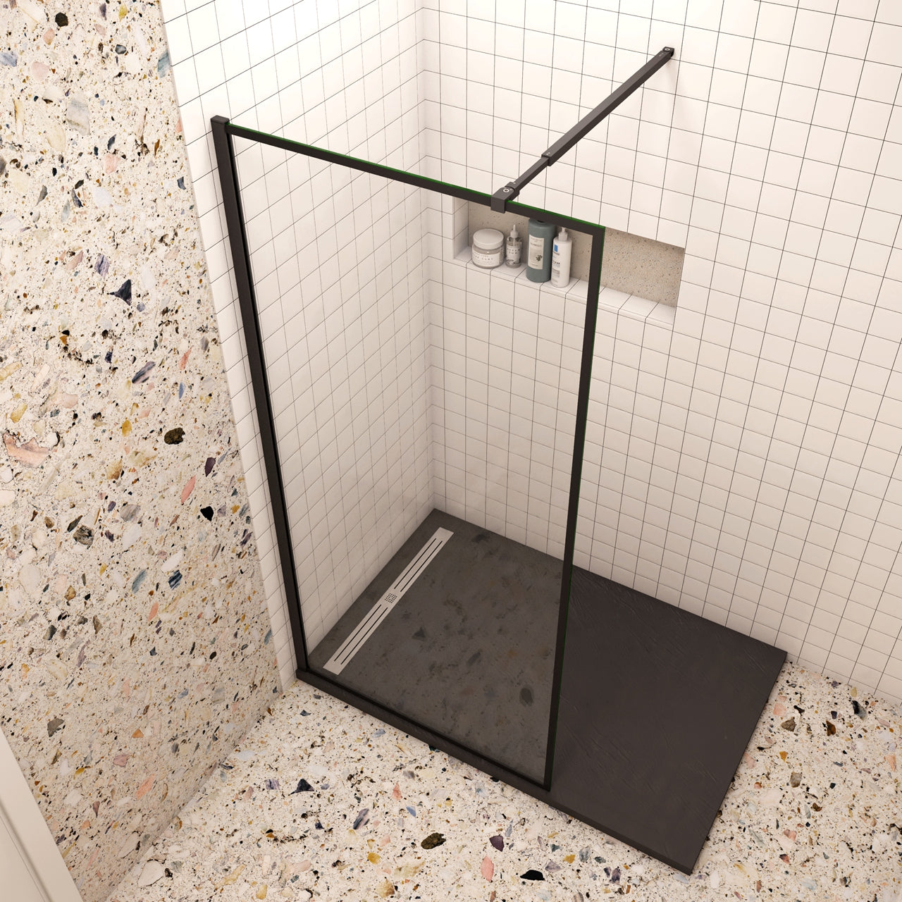 80x200cm Walk In Parete Per Doccia in Vetro Temperato 8mm Anticalcare con Bordo Nero Serigrafato Barra Stabilizzatrice da 73-120 cm