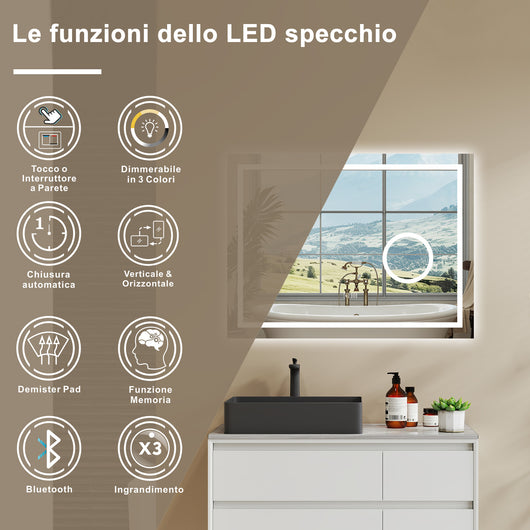 Aica 80x60cm Specchio da bagno Bluetooth antiappannamento, 3 colori dimmerabili, lente d'ingrandimento 3X