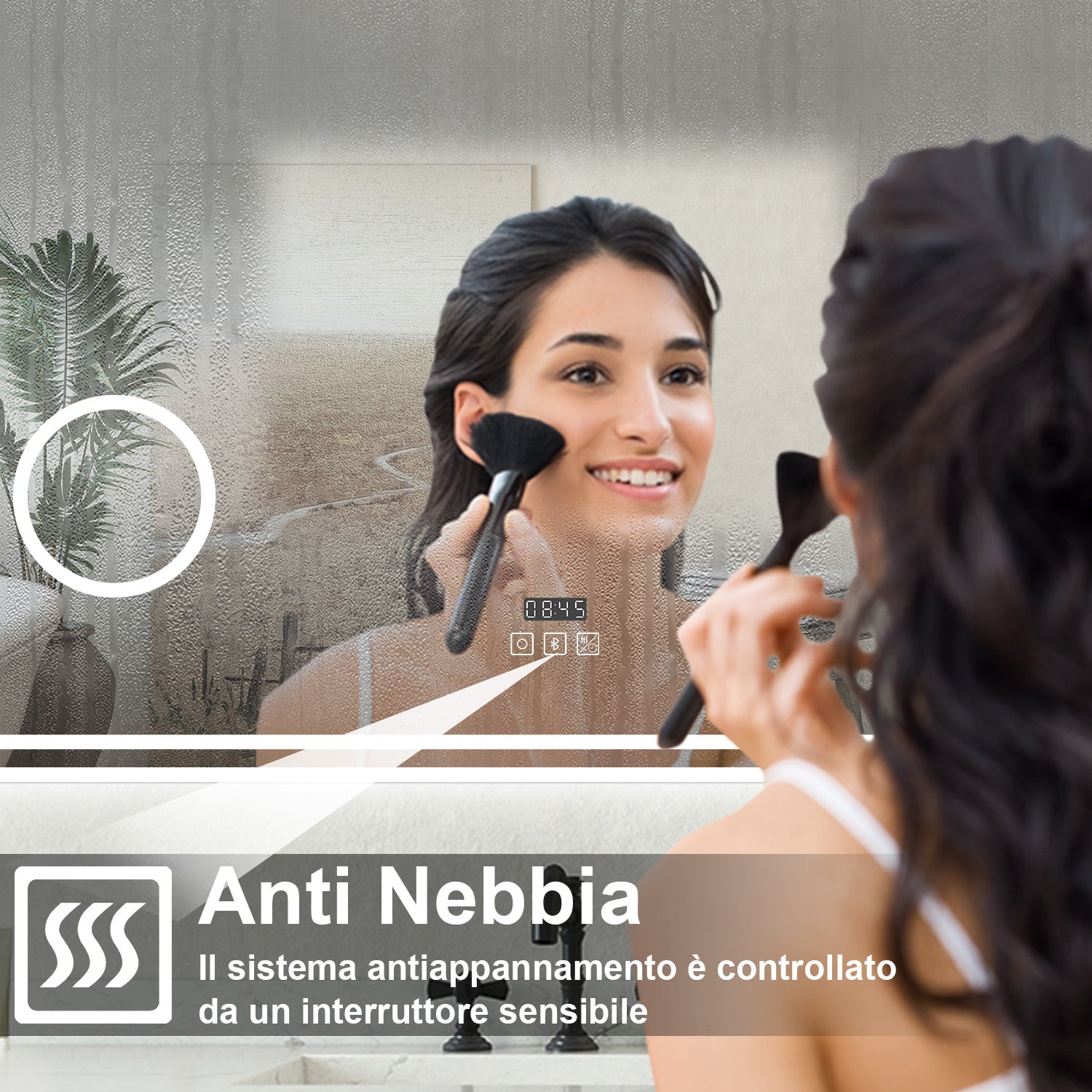 Specchio bagno Rettangolare 100x60cm Led Con 3 Luci + 3X Lente d'ingrandimento + Bluetooth + Orologio + Antiappannamento