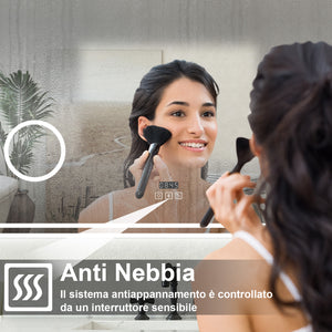 Specchio bagno Rettangolare 100x60cm Led Con 3 Luci + 3X Lente d'ingrandimento + Bluetooth + Orologio + Antiappannamento