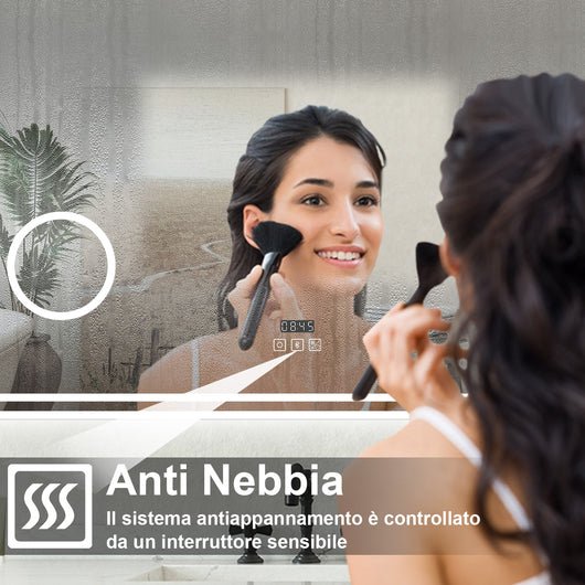 Specchio bagno Rettangolare 100x60cm Led Con 3 Luci + 3X Lente d'ingrandimento + Bluetooth + Orologio + Antiappannamento