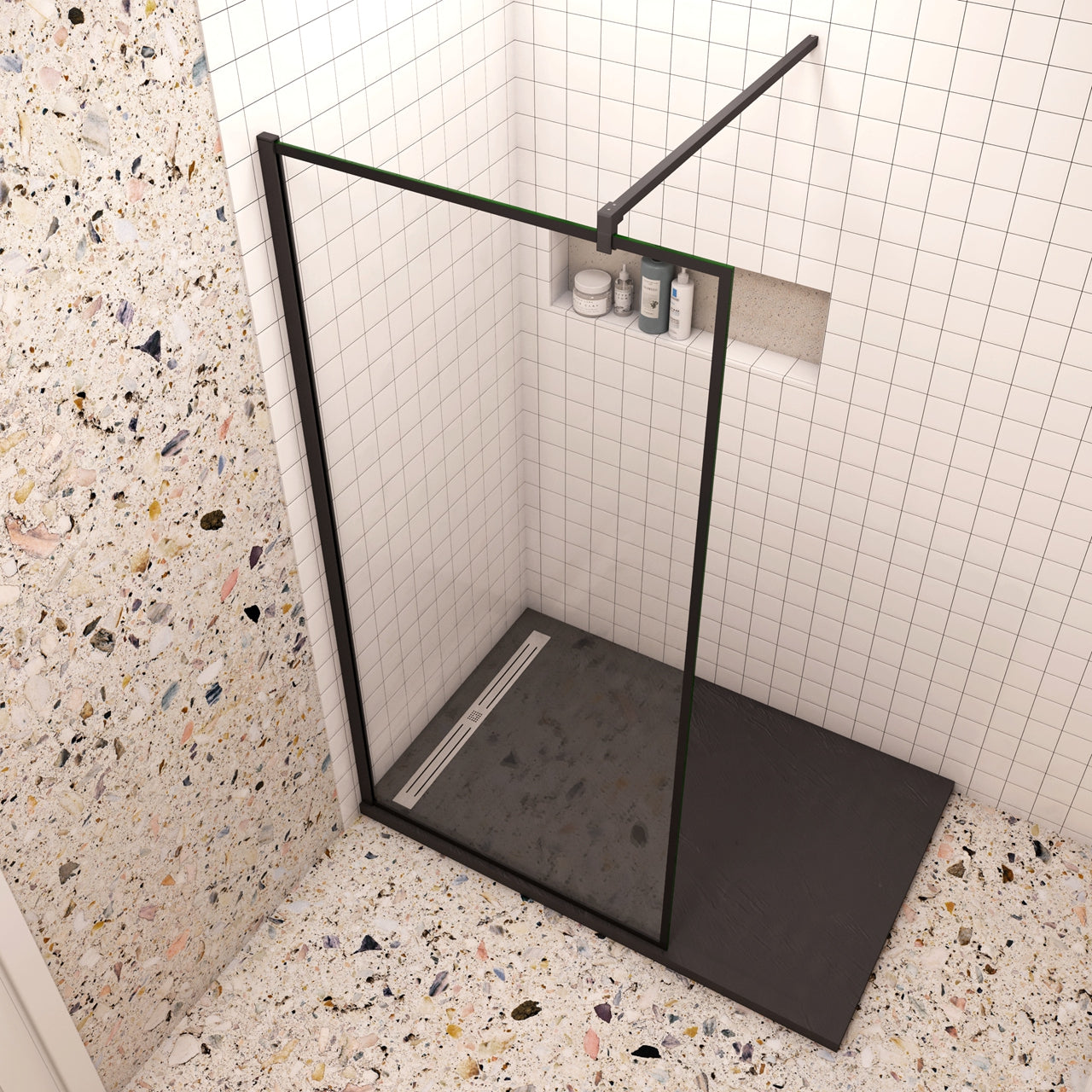 90x200cm Walk In Parete Per Doccia in Vetro Temperato 8mm Anticalcare con Bordo Nero Serigrafato Barra Stabilizzatrice da 140 cm