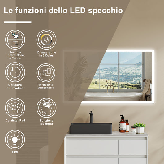 Aica LED Specchio da bagno 100¡Á60 cm, luminosit¨¤ regolabile a 3 colori, antiappannamento, memoria di interruzione di corrente