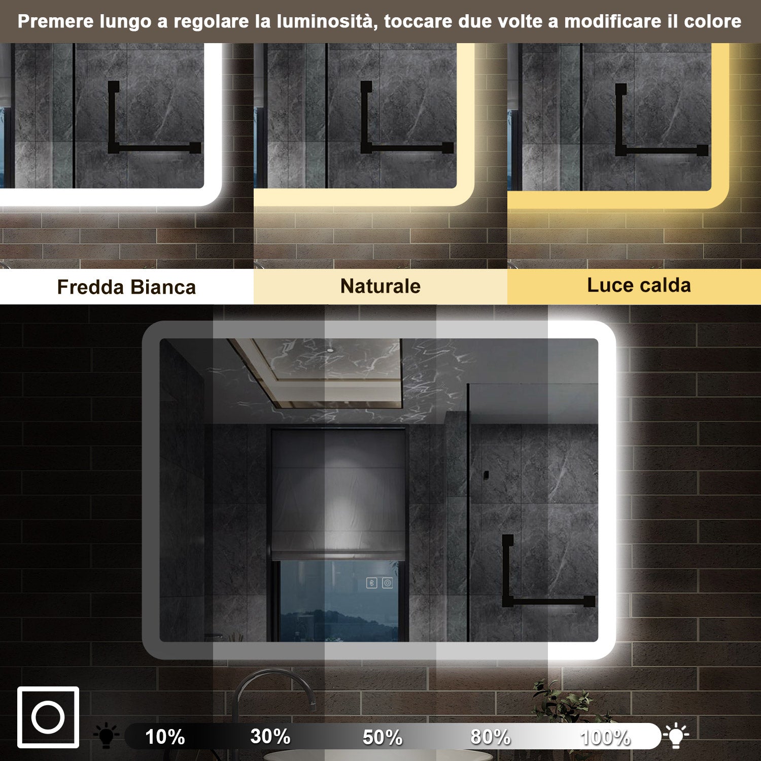 specchio rettangolare 80 x 60 cm con luce led a 3 colori, antiappannamento e touch, bluetooth