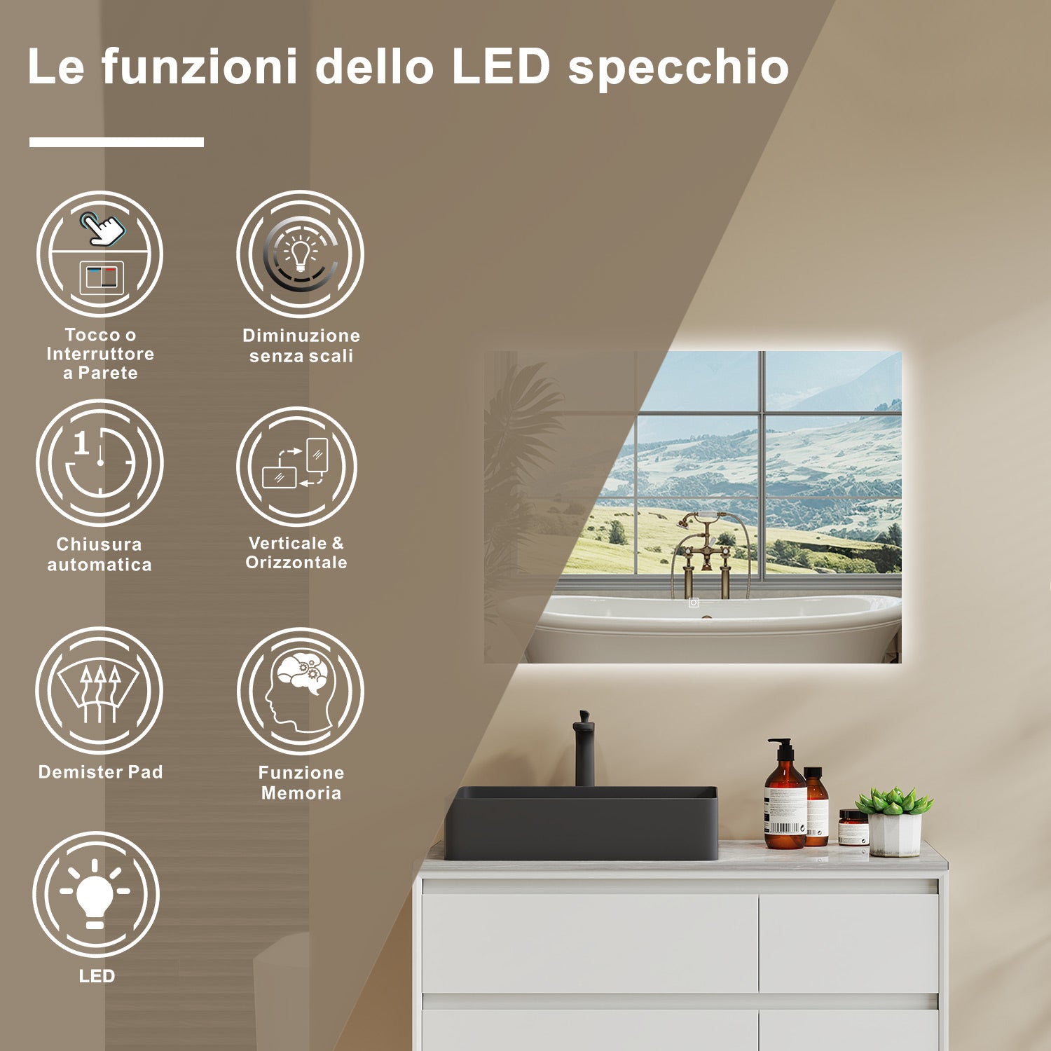 AICA SPECCHIO DA BAGNO CON LED, 90x70cm, Disappannamento, Funzione Memoria, Infinitamente Dimmerabile