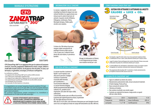 CFG ZANZATRAP  360° CATURAZANZARE DA ESTERNO L' ORIGINALE * COMPRESA 1 LAMPADA UV DI RICAMBIO OMAGGIO *