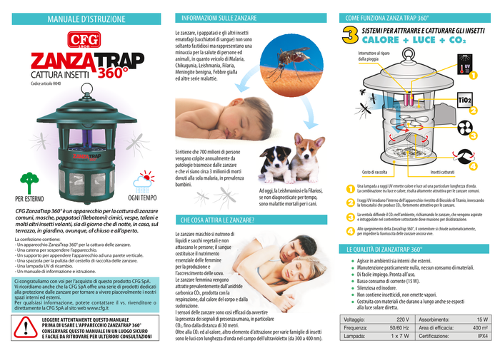 CFG ZANZATRAP  360° CATURAZANZARE DA ESTERNO L' ORIGINALE * COMPRESA 1 LAMPADA UV DI RICAMBIO OMAGGIO *