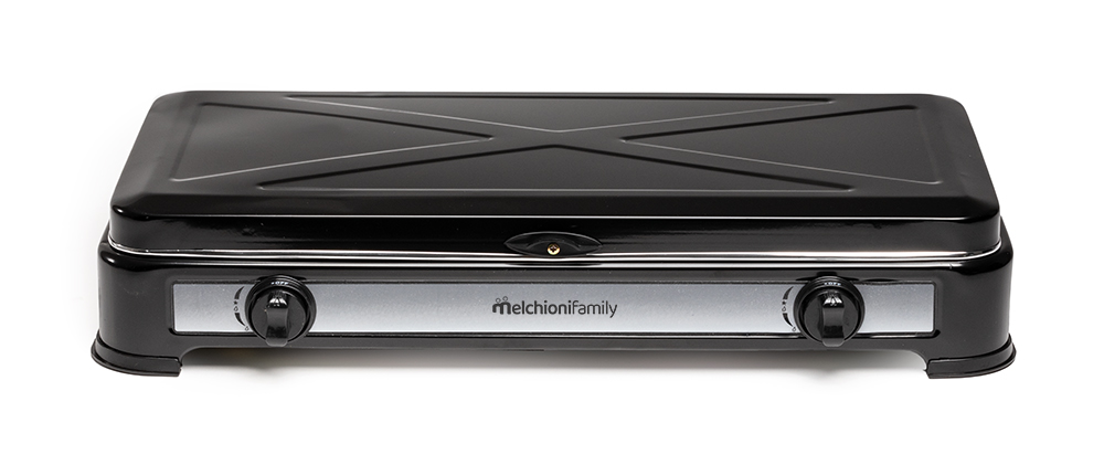 Melchioni Family Fornello a Gas da Campeggio MINERVA 2 con 2 Fuochi Fornelletto GPL Portatile con Coperchio Griglia e Fuochi Removibili Nero