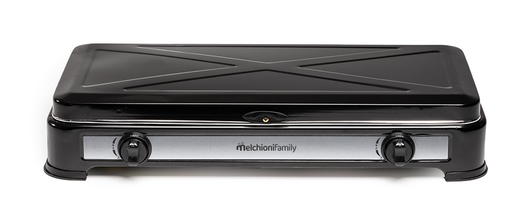 Melchioni Family Fornello a Gas da Campeggio MINERVA 2 con 2 Fuochi Fornelletto GPL Portatile con Coperchio Griglia e Fuochi Removibili Nero