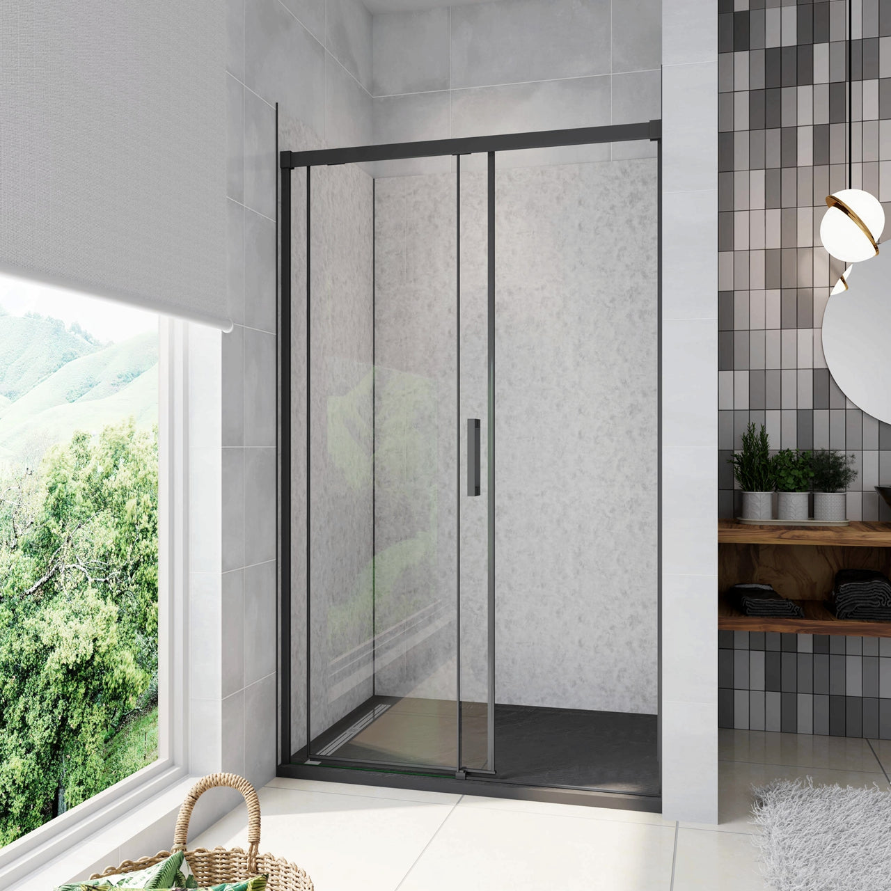 130x195 cm Box Doccia Per Nicchia Porta Scorrevole in Vetro 8 mm Temperato Trasparente Anticalcare Profilo Nero Opaco Softclose