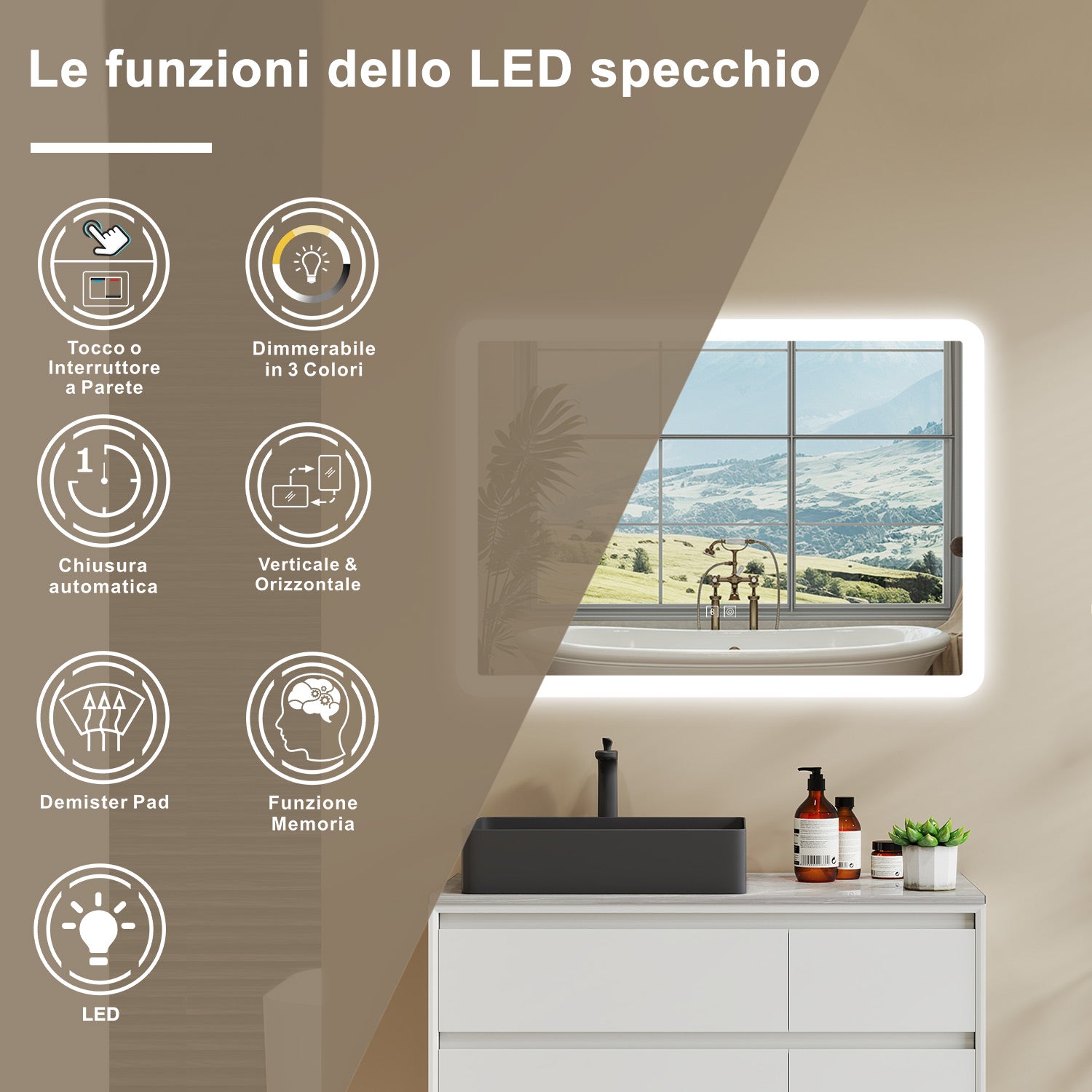 Aica Specchio da bagno a LED con Bluetooth 70 x 50 cm, 3 colori di luce regolabili, tasti a sfioramento