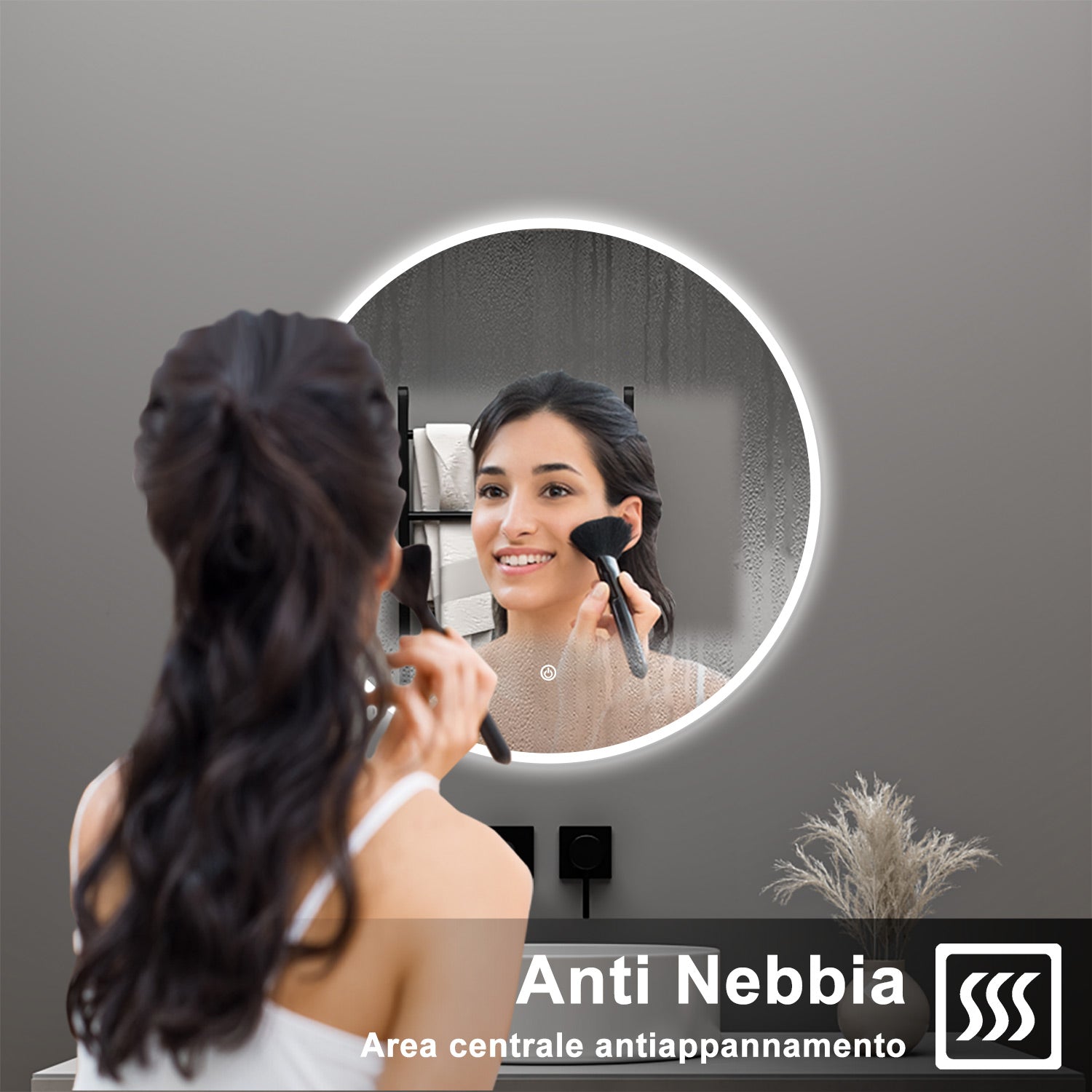 AICA Specchio da bagno 70 x 70 cm, 3 colori, antiappannamento, dimmerabile, interruttore touch, Funzione Memoria