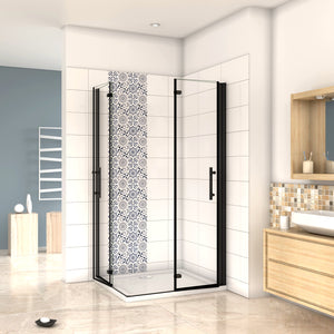 190 cm Box Doccia Angolare Doppia Porta Battente Pieghevole 76x90 cm in Vetro Temperato Trasparente 5 mm Anticalcare Telaio Nero Opaco
