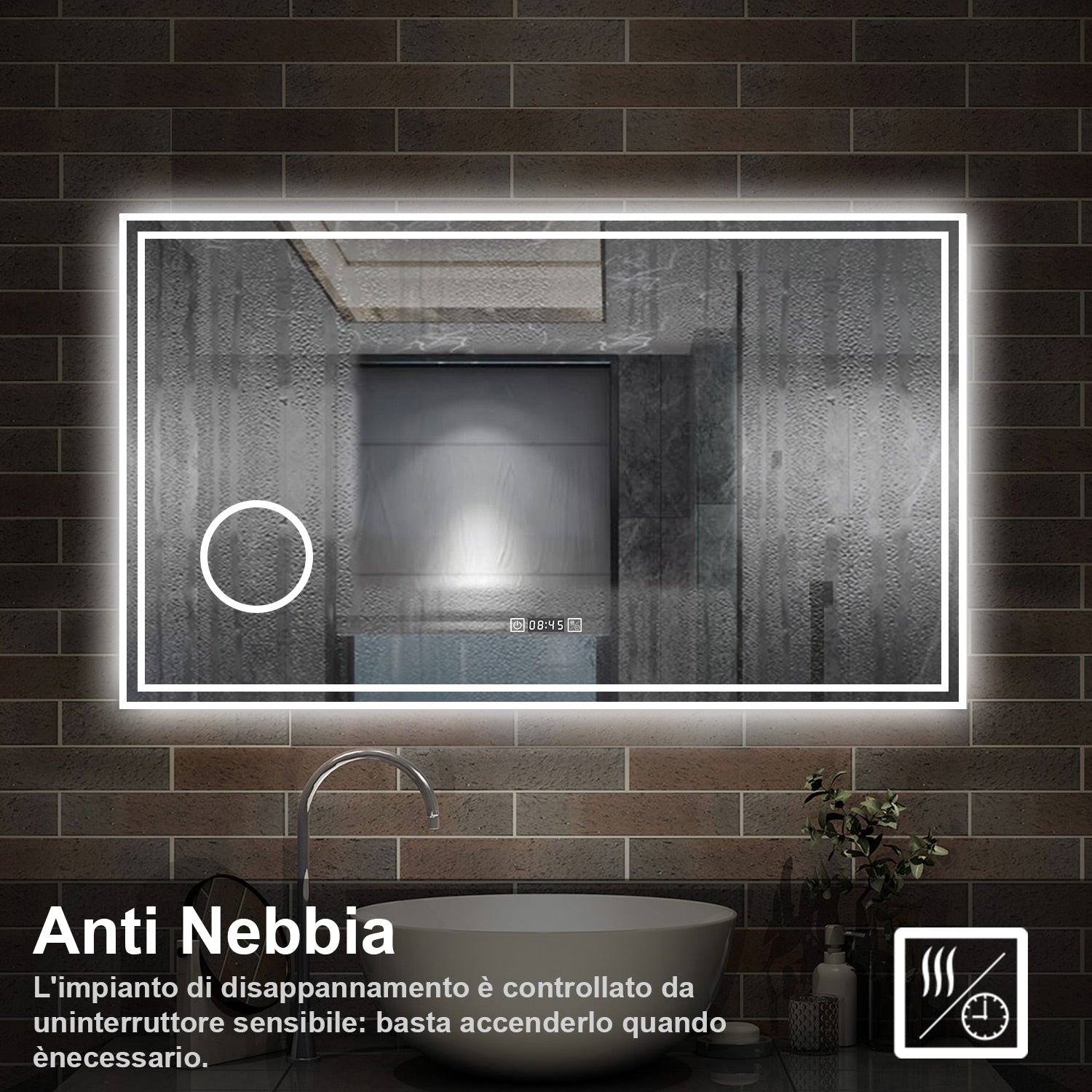120 x 70 cm,AICA Specchio da Bagno LED con Luce, 3 Colori Regolabili,Ingrandimento, orologio,memoria, antiappannamento,CRI>90,autospegnimento
