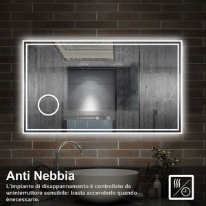 120 x 70 cm,AICA Specchio da Bagno LED con Luce, 3 Colori Regolabili,Ingrandimento, orologio,memoria, antiappannamento,CRI>90,autospegnimento