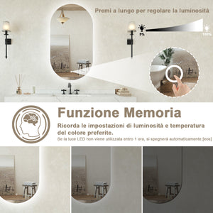 Specchio bagno ovale 50x90 cm con led. Dimmerabile + Touch Control + Bordo non sabbiato + IP44