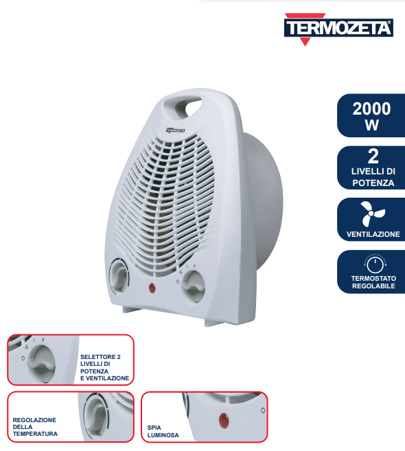 Piccolo termoventilatore portatile compatto, termostato regolabile, interruttore di sicurezza, maniglia, 2000 W, termoventilatore portatile e compatto, 2000 W e 1000 W