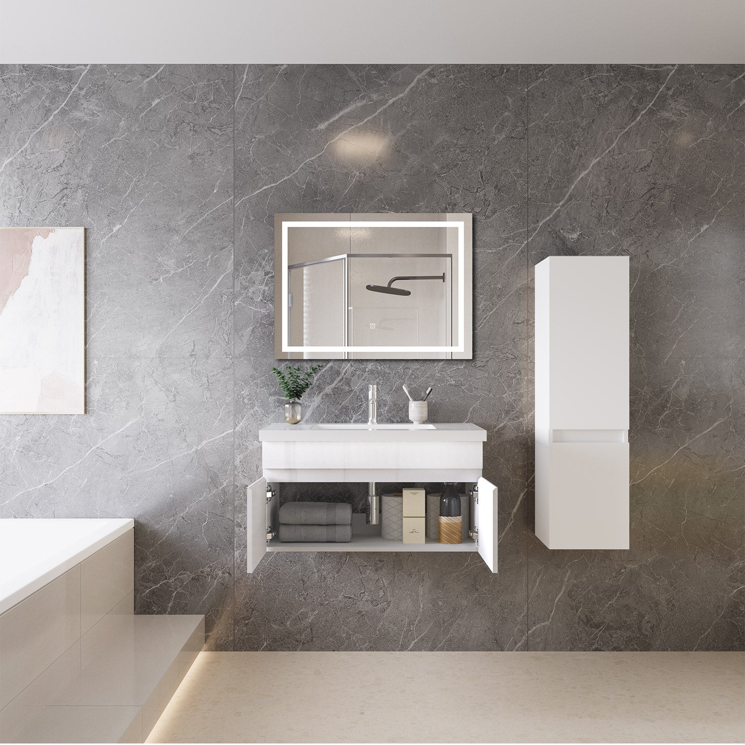 Mobile bagno sospeso con lavabo da incasso 79 cm,bianco, 2 ante.