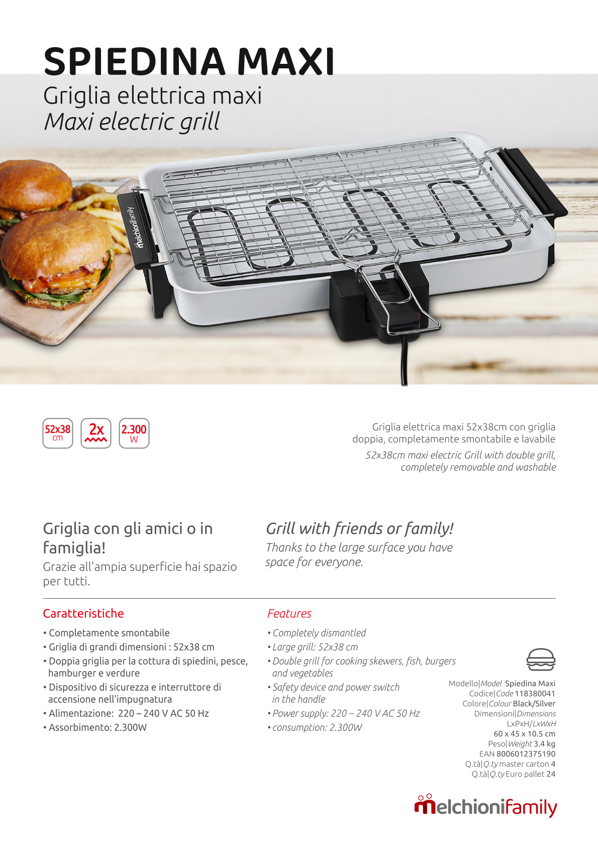 Melchioni Family SPIEDINA MAXI, Griglia Elettrica Grande, Doppia Griglia, Bistecchiera Elettrica, Barbecue e Grill da Tavolo, Senza Fumo, Smontabile e Lavabile