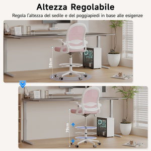 Sedia ufficio altezza alta - Mesh Drafting Chair - Altezza e Poggiapiedi Regolabili - braccioli regolabili - Capacità di Carico 120 kg - Rosa