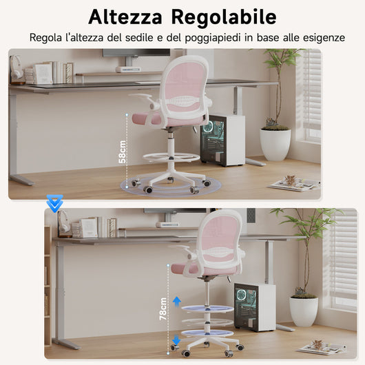 Sedia ufficio altezza alta - Mesh Drafting Chair - Altezza e Poggiapiedi Regolabili - braccioli regolabili - Capacità di Carico 120 kg - Rosa