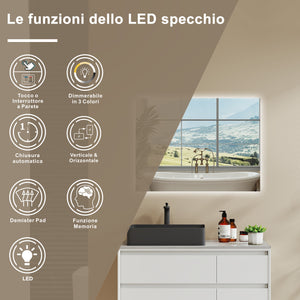 AICA SPECCHIO DA BAGNO CON LED, 80x60cm, Antiappannamento, 3 Temperature Colore, Retroilluminato