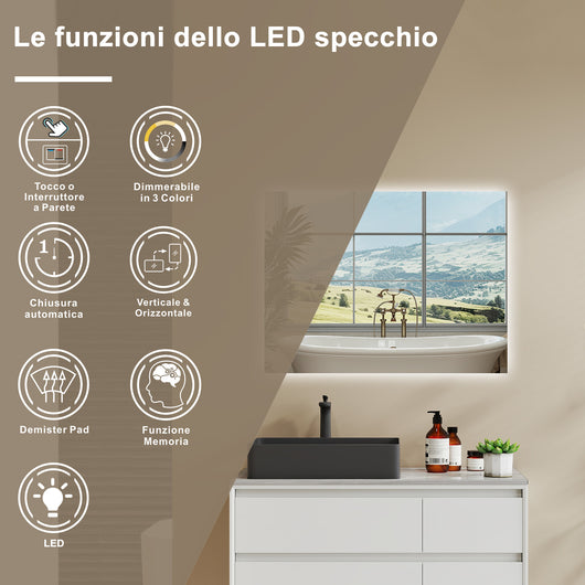 AICA SPECCHIO DA BAGNO CON LED, 80x60cm, Antiappannamento, 3 Temperature Colore, Retroilluminato