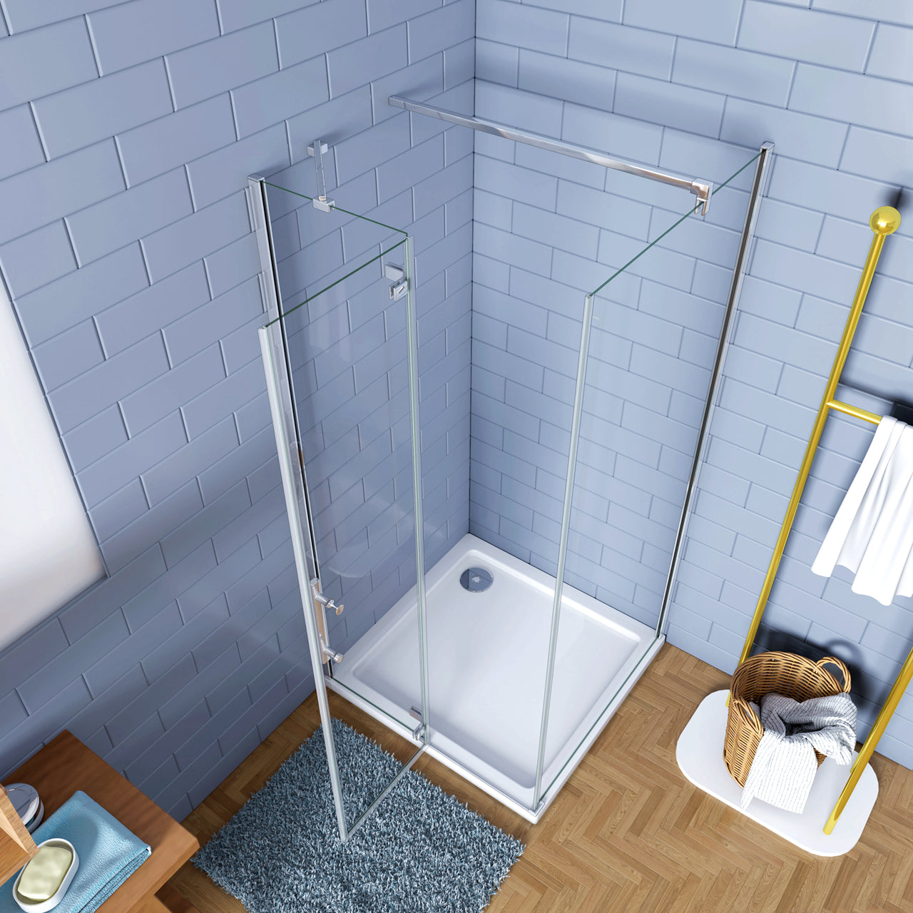 195cm Box Doccia Angolare Porta Battente con Parete Fissa 80x70cm Vetro 6 mm Temperato Anticalcare Trasparente con 2 Barre Stabilizzatrici da 30cm e 140cm