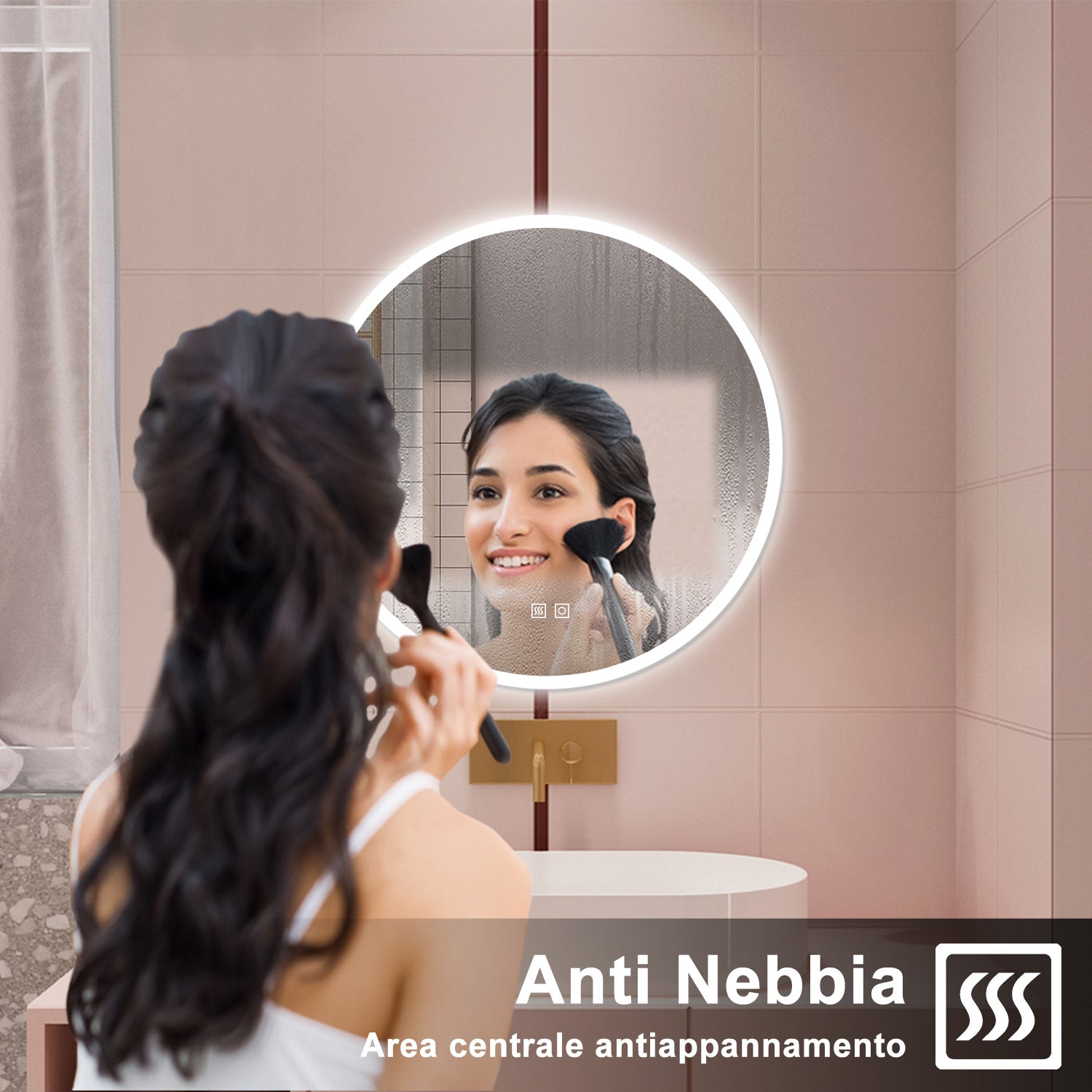 AICA Specchio da bagno 80 x 80 cm, 3 colori, antiappannamento, dimmerabile, interruttore touch, Funzione Memoria