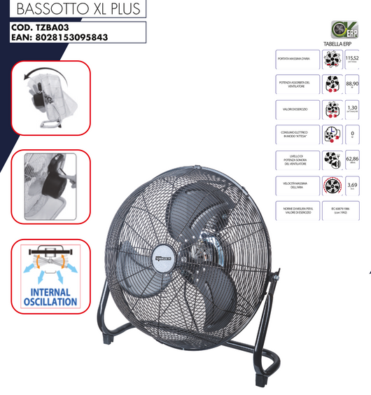 Termozeta Bassotto XL Plus – Ventilatore (Ventificatore con pale per la casa, Nero, Pavimento, 62,86 dB, 6900 m3/h, Pulsanti)