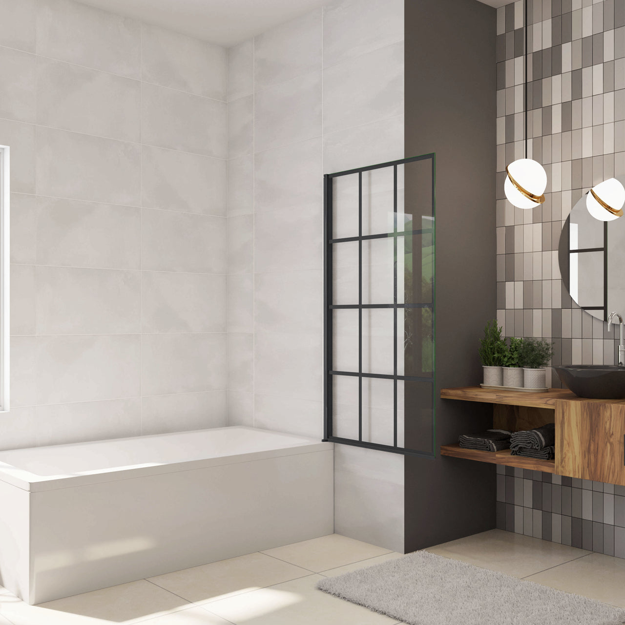 Parete Vasca Doccia 80xh.140cm Sopravasca Pannello Girevole in Vetro Temperato 6 mm Trasparente con Riquadri Neri