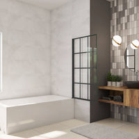 Parete Vasca Doccia 80xh.140cm Sopravasca Pannello Girevole in Vetro Temperato 6 mm Trasparente con Riquadri Neri