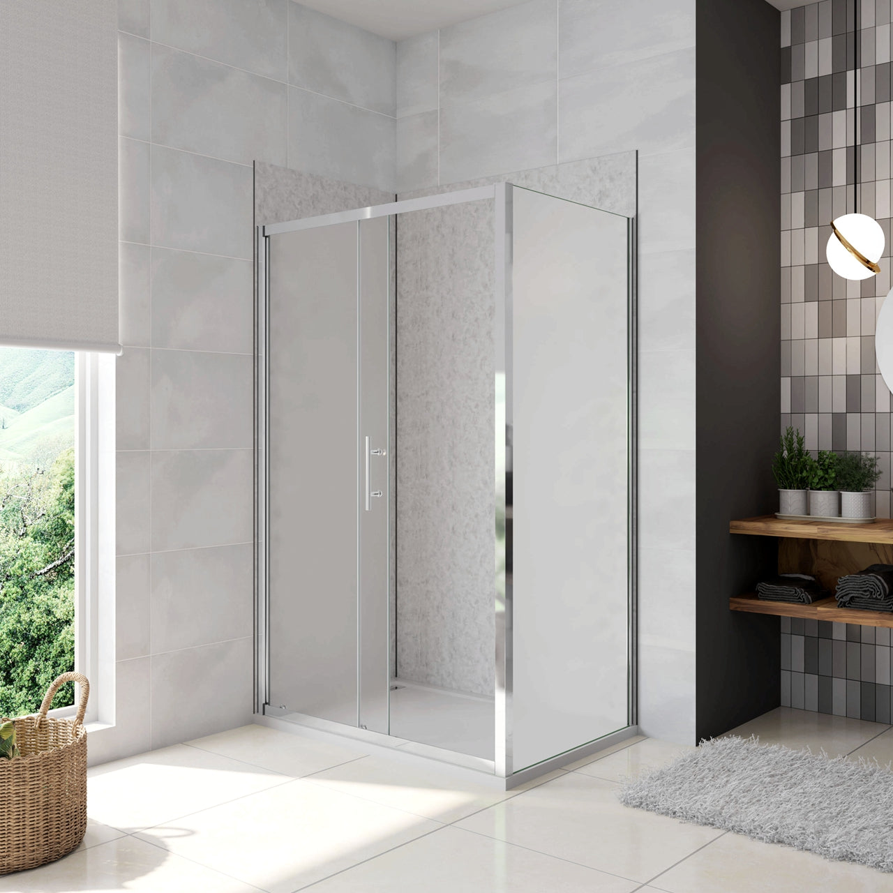 H.185 cm Box Doccia Angolare Porta Scorrevole con Parete Fissa Vetro Temperato 5 mm Satinato Opaco 100x70 cm