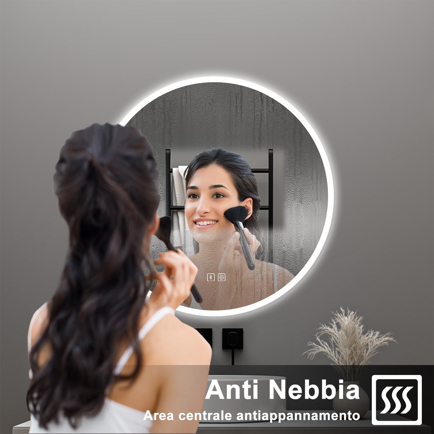 AICA Specchio da bagno 80 x 80 cm, blue tooth, 3 colori, antiappannamento, dimmerabile, interruttore touch, Funzione Memoria