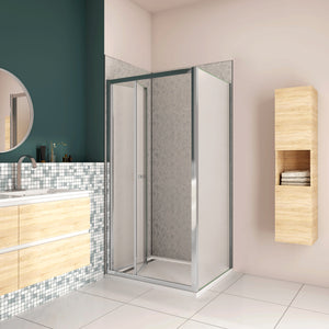 185cm Box Doccia Angolare Porta a Soffietto con Parete Fissa 100x80cm in Vetro Temperato Satinato Opaco 5 mm Profilo Cromato Lucido